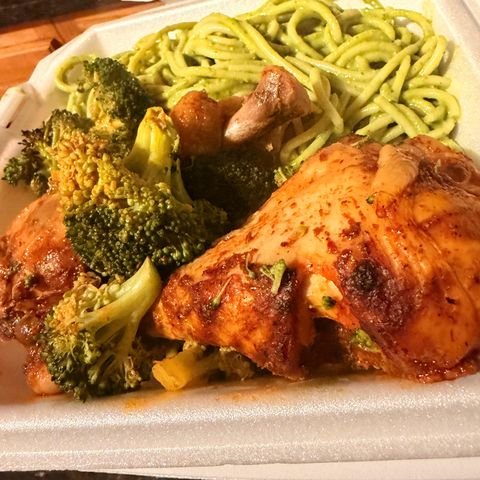 Grilled chicken pasta catering dish with vegetables